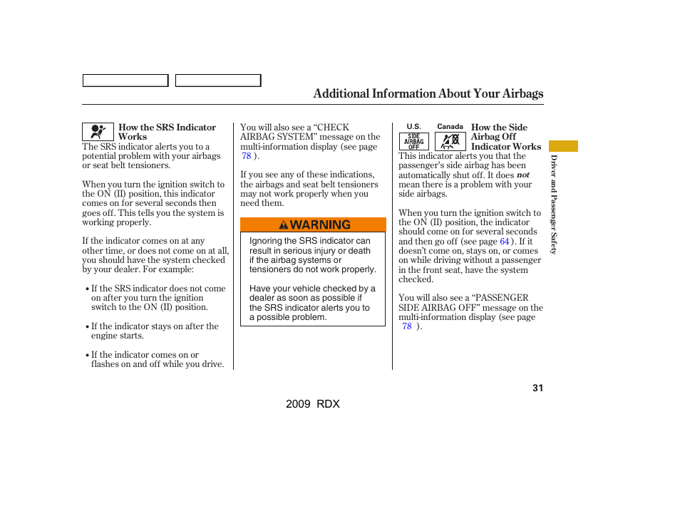 Additional information about your airbags | Acura 2009 RDX User Manual | Page 35 / 433