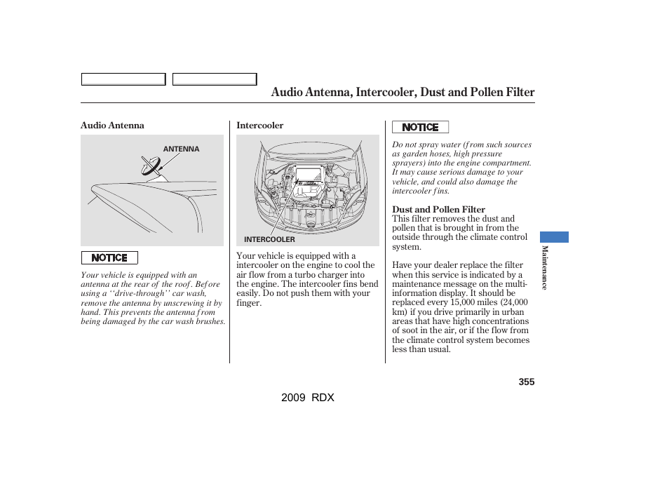 Audio antenna, intercooler, dust and pollen filter | Acura 2009 RDX User Manual | Page 359 / 433
