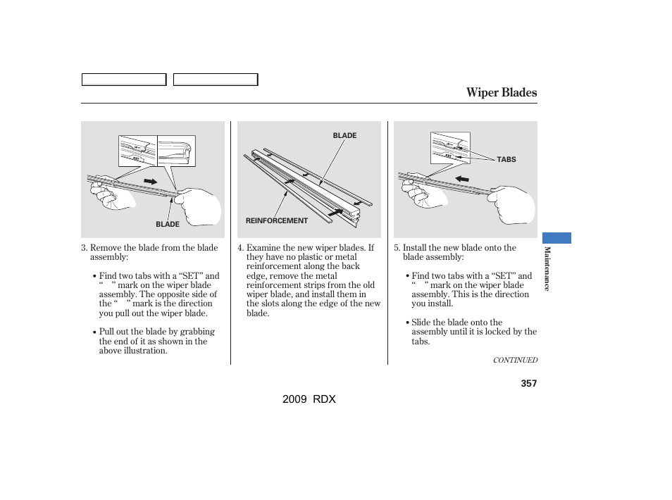 Wiper blades | Acura 2009 RDX User Manual | Page 361 / 433