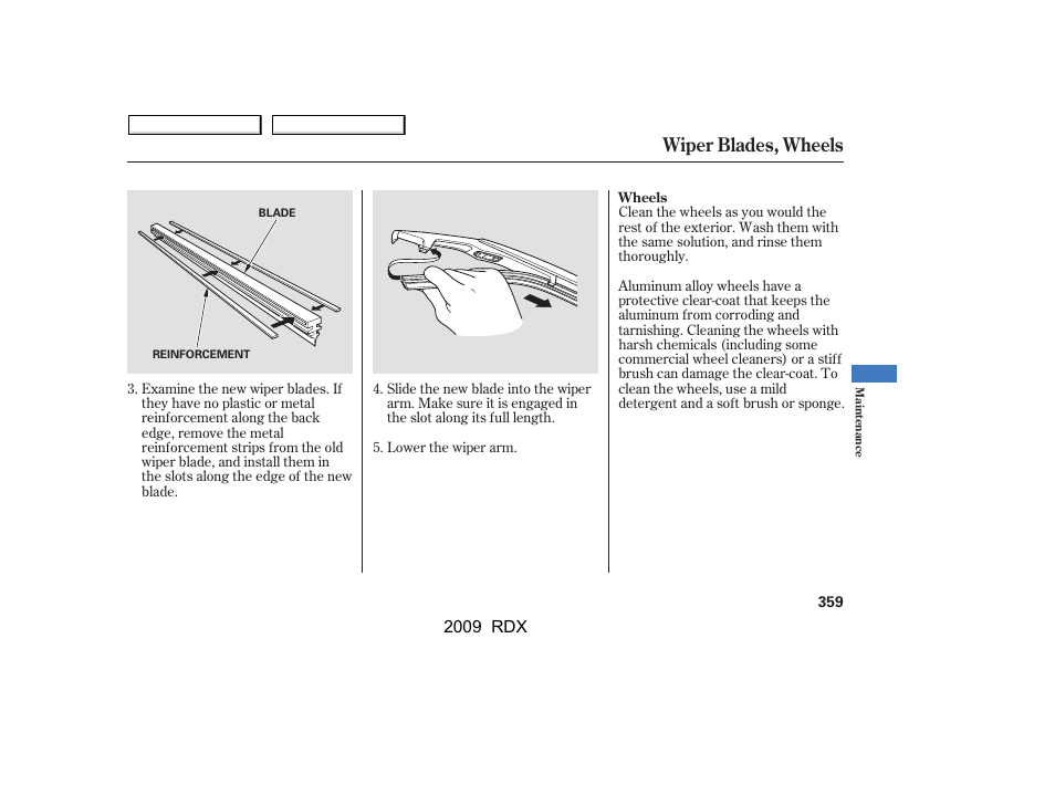 Wiper blades, wheels | Acura 2009 RDX User Manual | Page 363 / 433