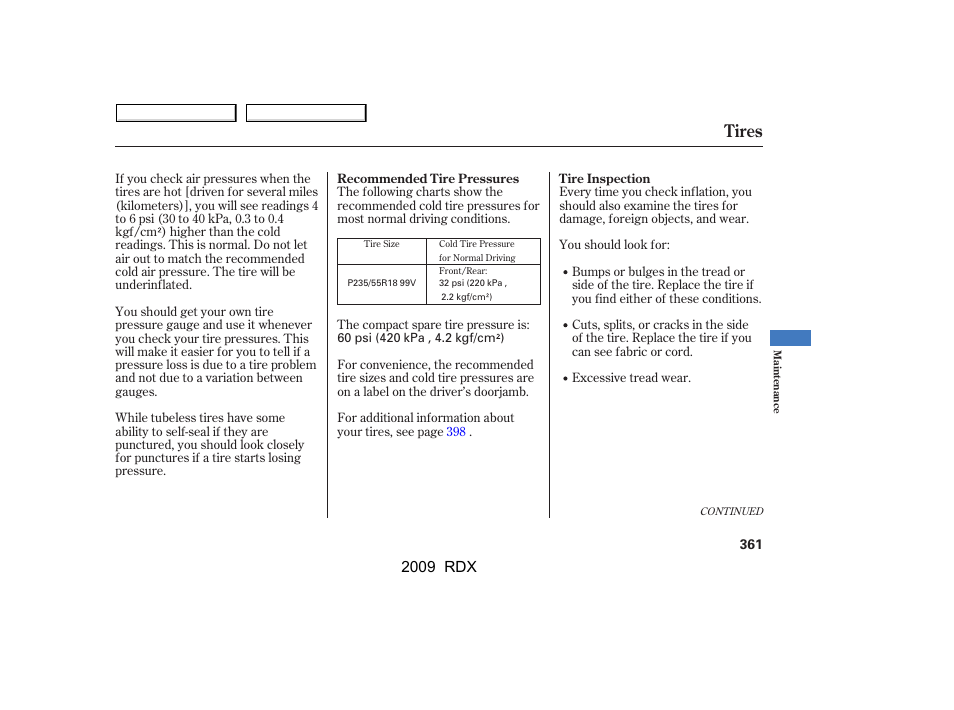 Tires, 2009 rdx | Acura 2009 RDX User Manual | Page 365 / 433