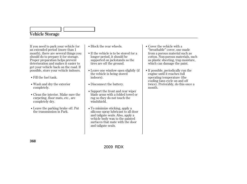 Vehicle storage | Acura 2009 RDX User Manual | Page 372 / 433