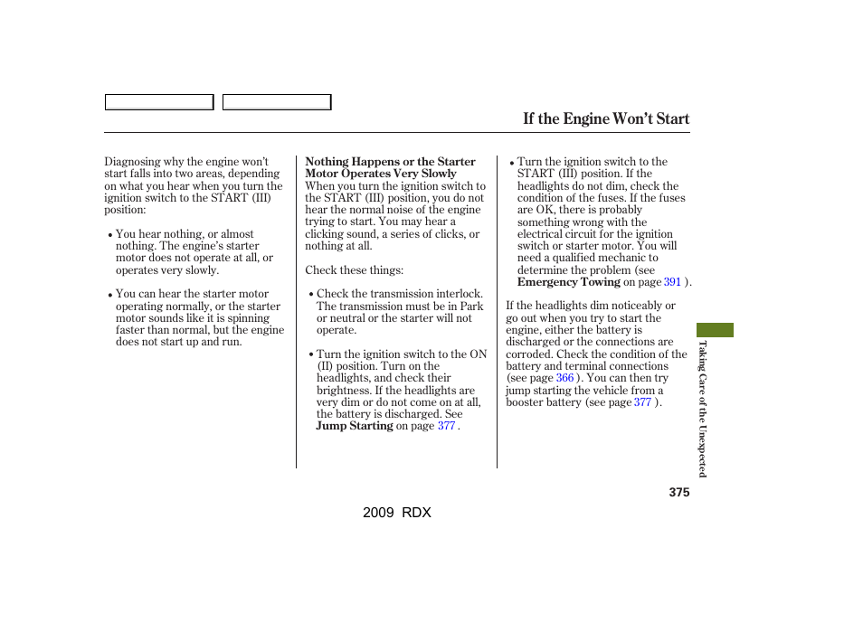 If the engine won’t start, 2009 rdx | Acura 2009 RDX User Manual | Page 379 / 433