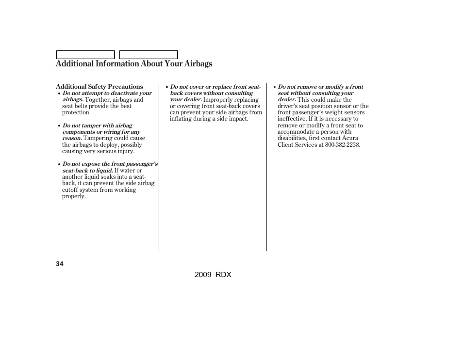 Additional information about your airbags | Acura 2009 RDX User Manual | Page 38 / 433