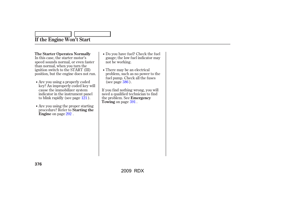 If the engine won’t start | Acura 2009 RDX User Manual | Page 380 / 433