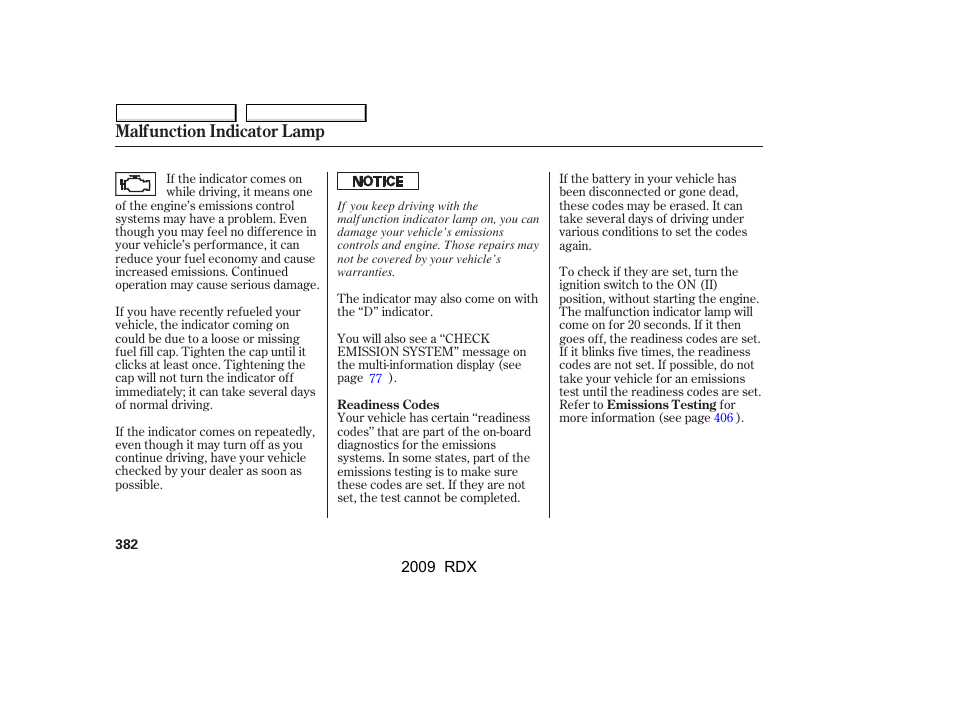 Malfunction indicator lamp | Acura 2009 RDX User Manual | Page 386 / 433