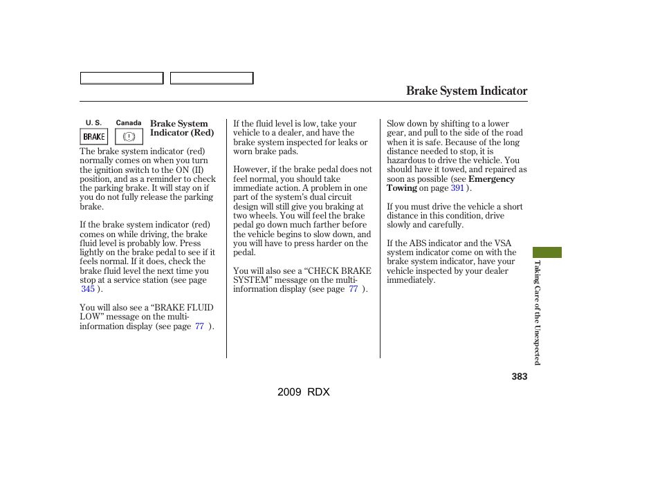 Brake system indicator, 2009 rdx | Acura 2009 RDX User Manual | Page 387 / 433