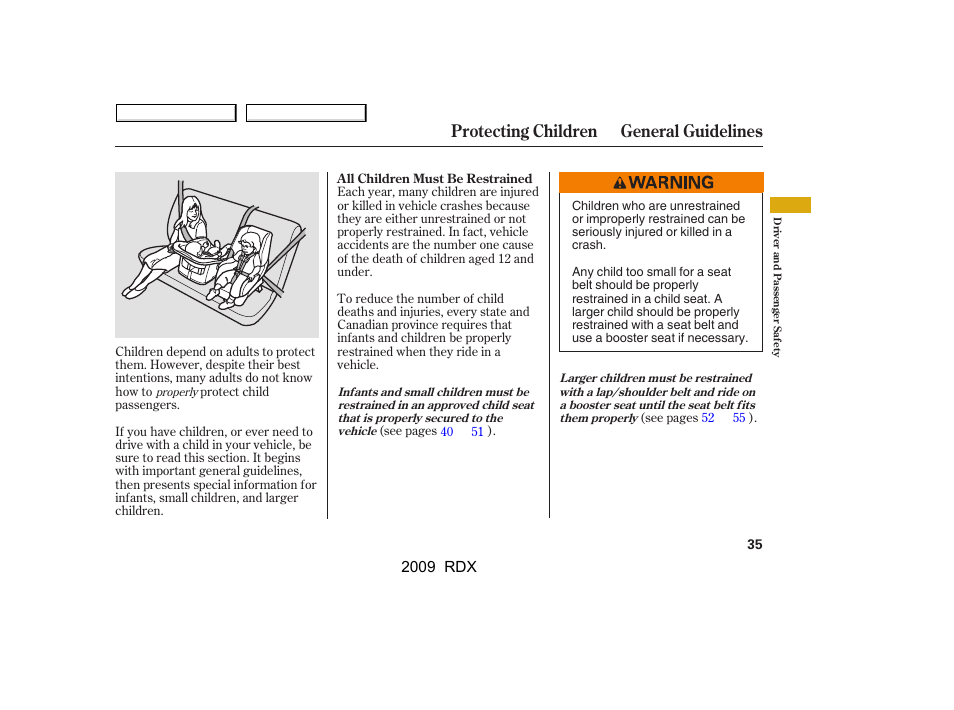 Protecting children general guidelines | Acura 2009 RDX User Manual | Page 39 / 433