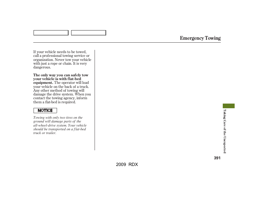 Emergency towing, 2009 rdx | Acura 2009 RDX User Manual | Page 395 / 433