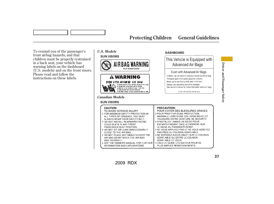 Protecting children general guidelines, 2009 rdx | Acura 2009 RDX User Manual | Page 41 / 433