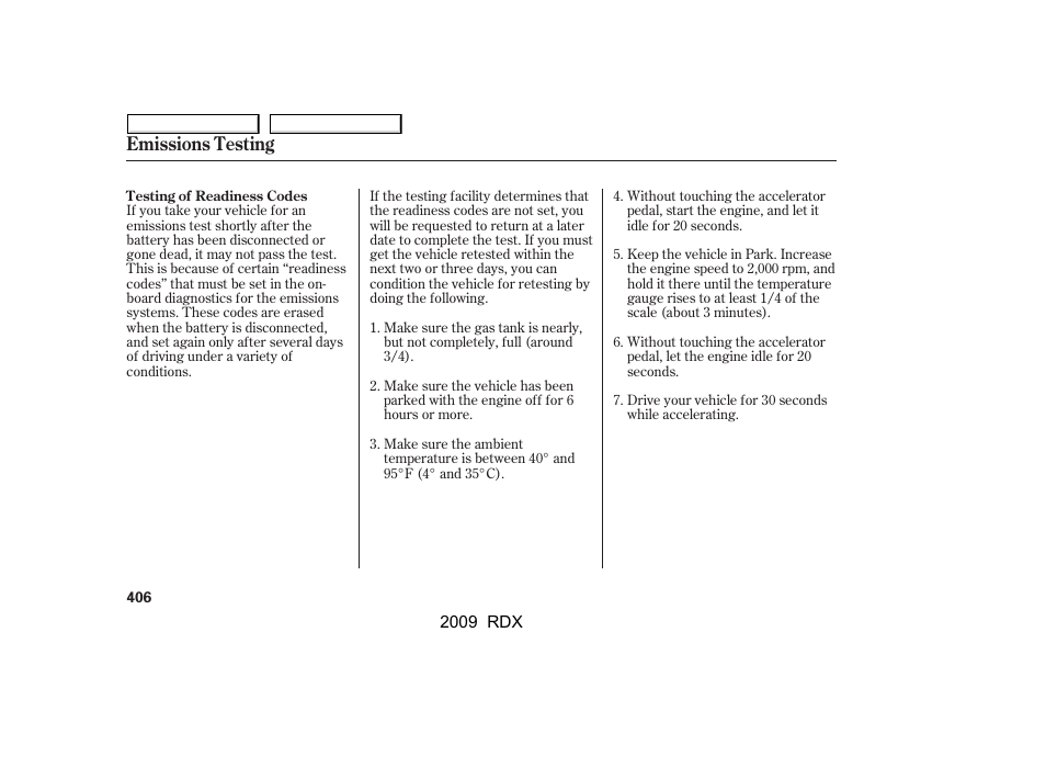 Emissions testing | Acura 2009 RDX User Manual | Page 410 / 433