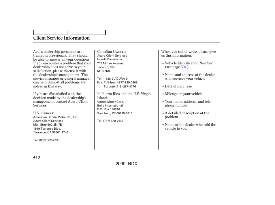 Client service information | Acura 2009 RDX User Manual | Page 414 / 433
