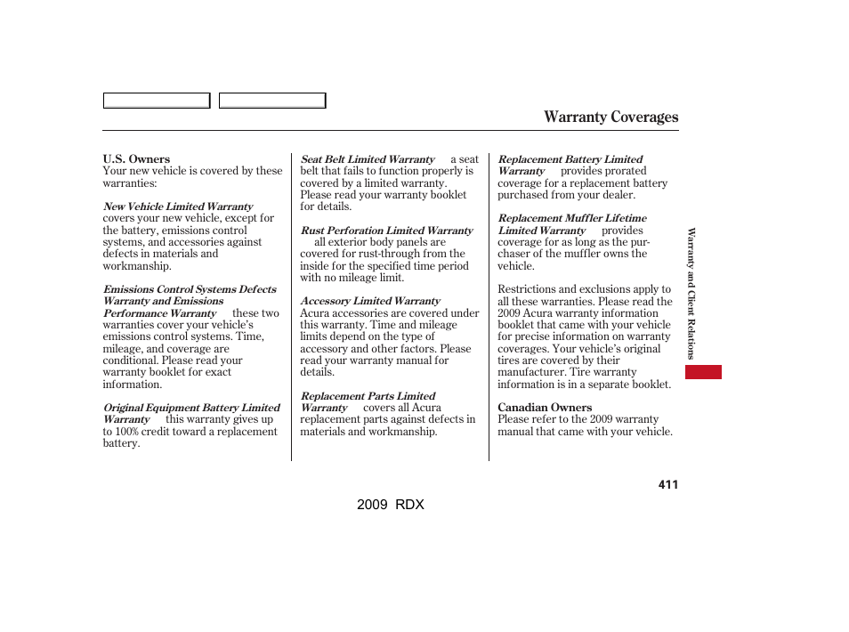 Warranty coverages, 2009 rdx | Acura 2009 RDX User Manual | Page 415 / 433