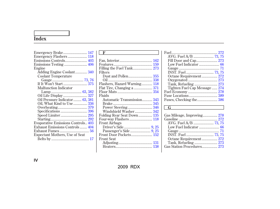 Index | Acura 2009 RDX User Manual | Page 422 / 433
