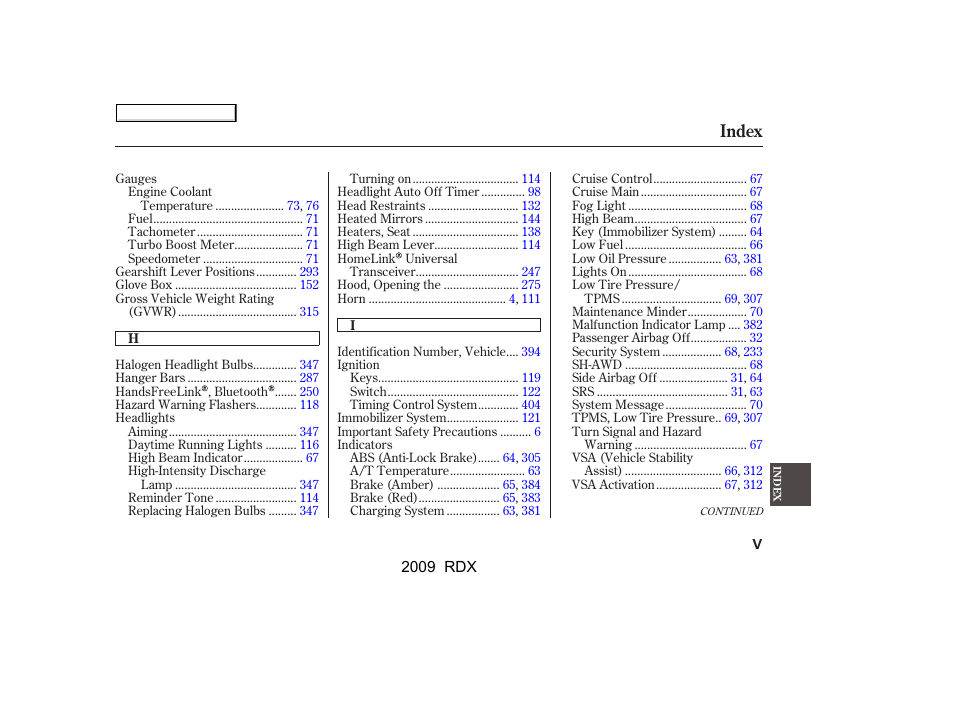 Index | Acura 2009 RDX User Manual | Page 423 / 433