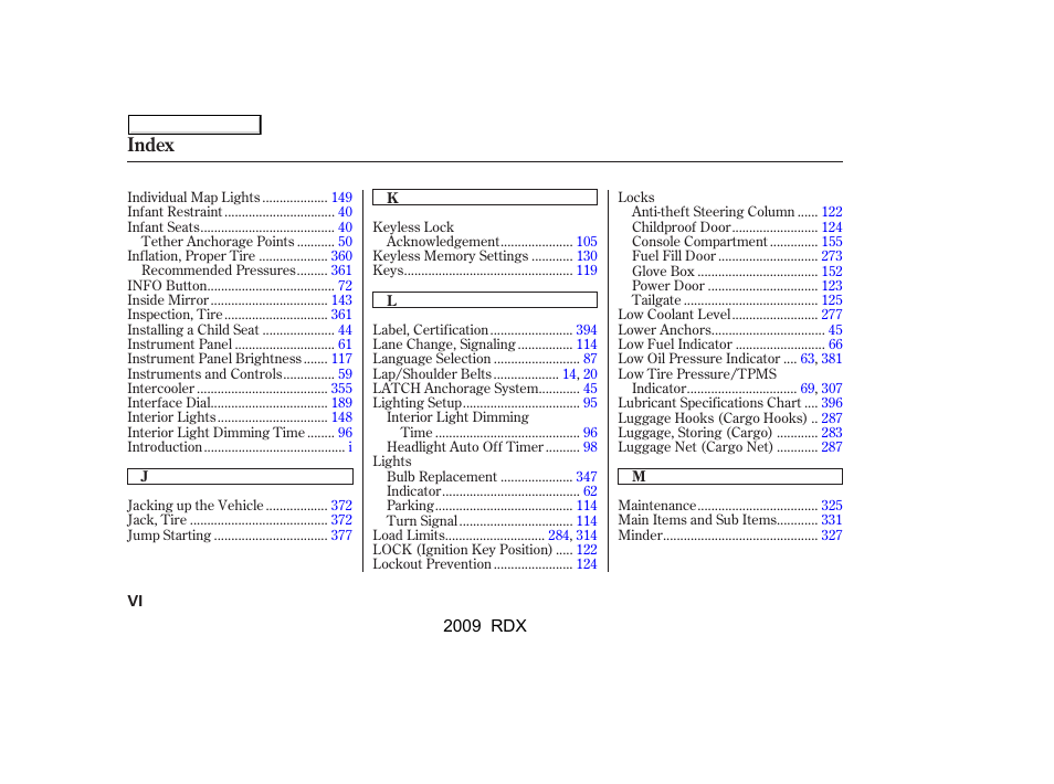 Index | Acura 2009 RDX User Manual | Page 424 / 433