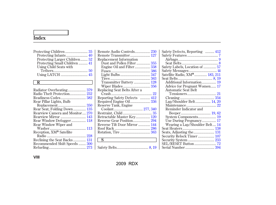 Index | Acura 2009 RDX User Manual | Page 426 / 433