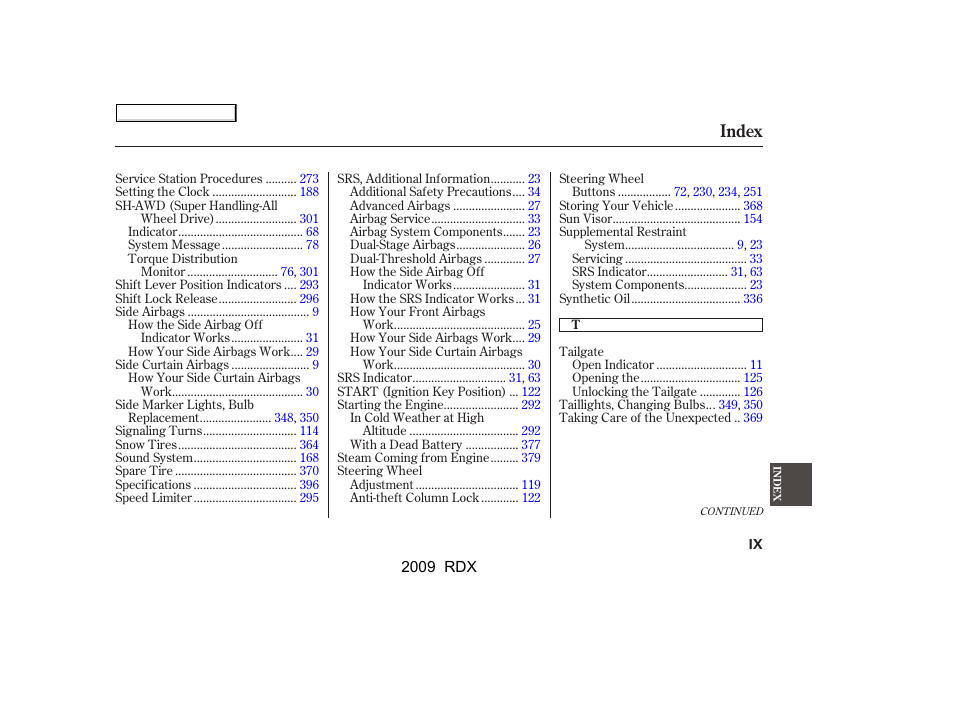 Index | Acura 2009 RDX User Manual | Page 427 / 433