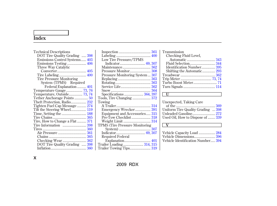 Index | Acura 2009 RDX User Manual | Page 428 / 433