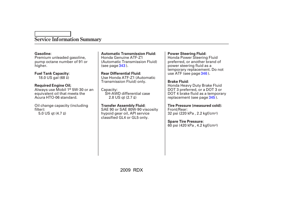 Service information summary | Acura 2009 RDX User Manual | Page 432 / 433