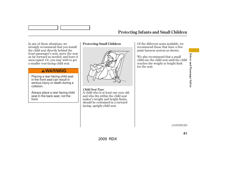 Protecting infants and small children, 2009 rdx | Acura 2009 RDX User Manual | Page 45 / 433