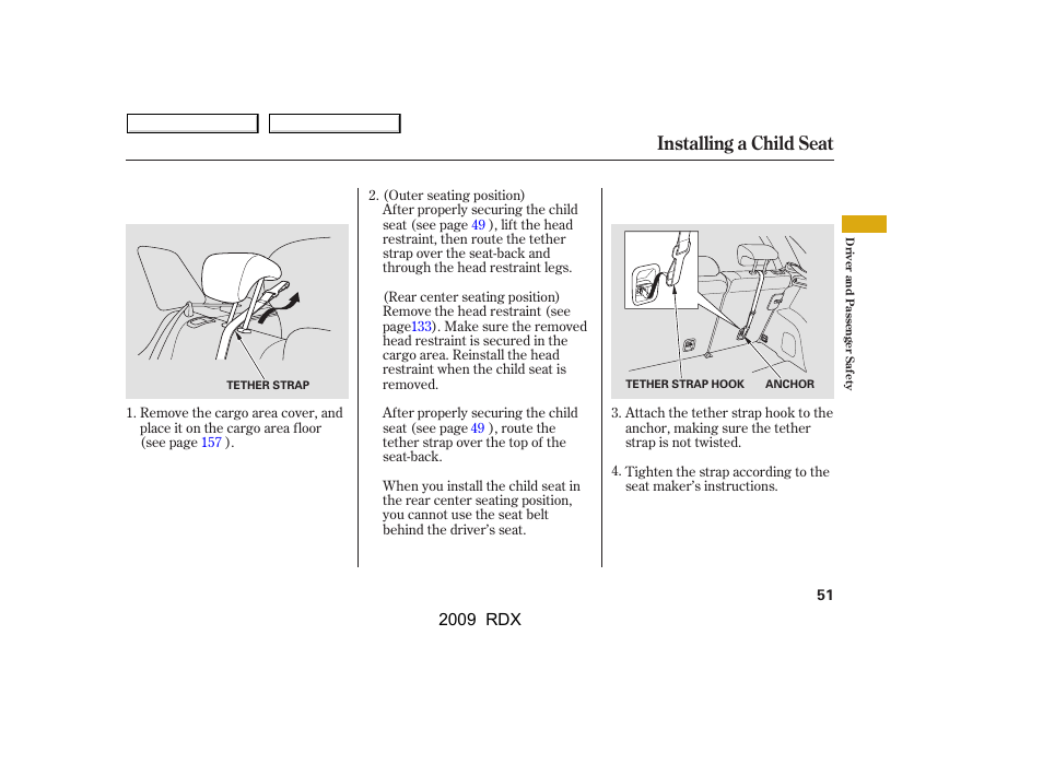 Installing a child seat | Acura 2009 RDX User Manual | Page 55 / 433