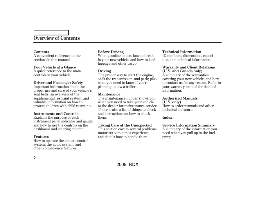 Overview of contents | Acura 2009 RDX User Manual | Page 6 / 433