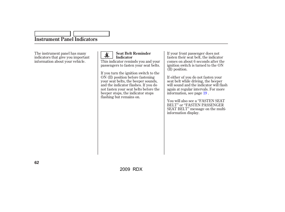 Instrument panel indicators | Acura 2009 RDX User Manual | Page 66 / 433