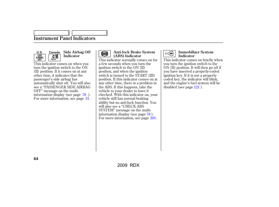 Instrument panel indicators | Acura 2009 RDX User Manual | Page 68 / 433