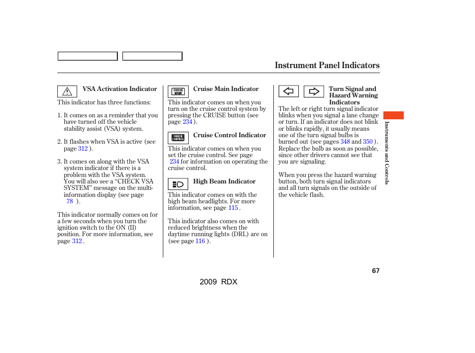 Instrument panel indicators | Acura 2009 RDX User Manual | Page 71 / 433