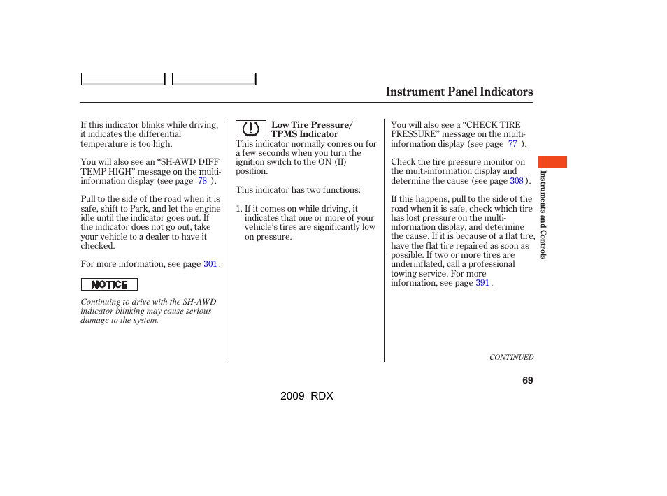 Instrument panel indicators | Acura 2009 RDX User Manual | Page 73 / 433