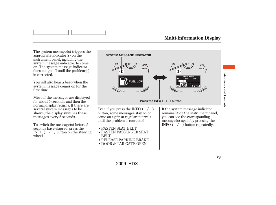 Multi-information display, 2009 rdx | Acura 2009 RDX User Manual | Page 83 / 433