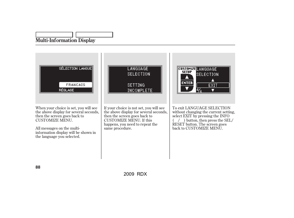 Multi-information display | Acura 2009 RDX User Manual | Page 92 / 433