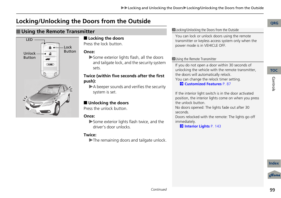 P 99), Locking/unlocking the doors from the outside, Using the remote transmitter | Acura 2013 RDX User Manual | Page 100 / 363