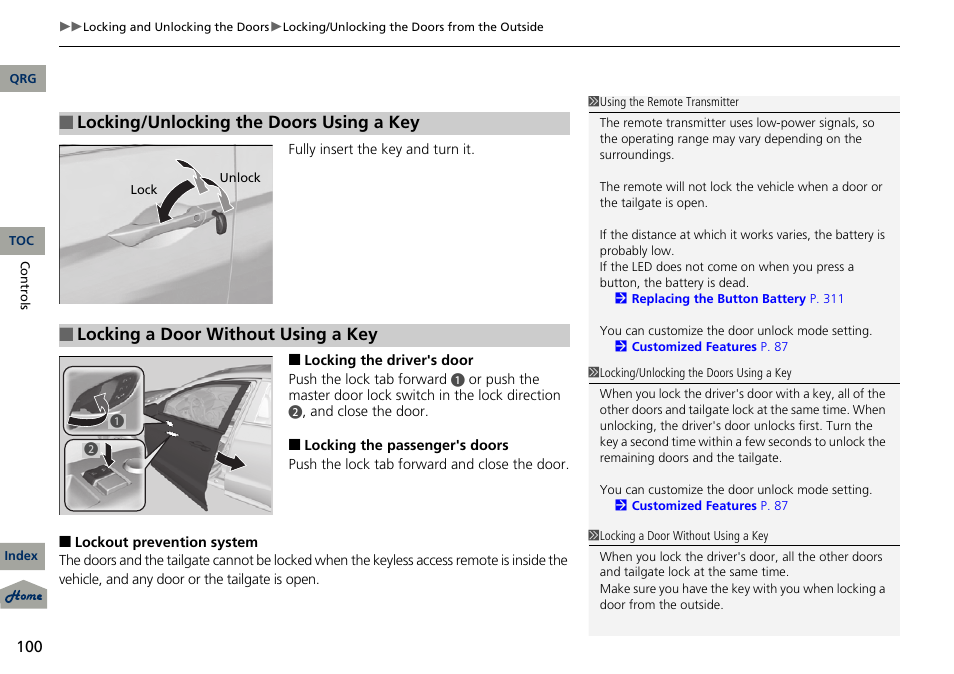 Locking/unlocking the doors using a key, Locking a door without using a key | Acura 2013 RDX User Manual | Page 101 / 363