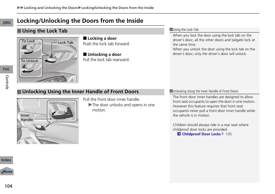 From the inside, P 104), Locking/unlocking the doors from the inside | Using the lock tab, Unlocking using the inner handle of front doors | Acura 2013 RDX User Manual | Page 105 / 363