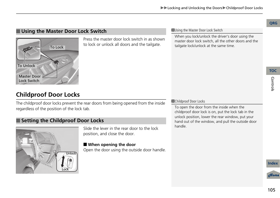 P 105), Childproof door locks, Using the master door lock switch | Setting the childproof door locks | Acura 2013 RDX User Manual | Page 106 / 363