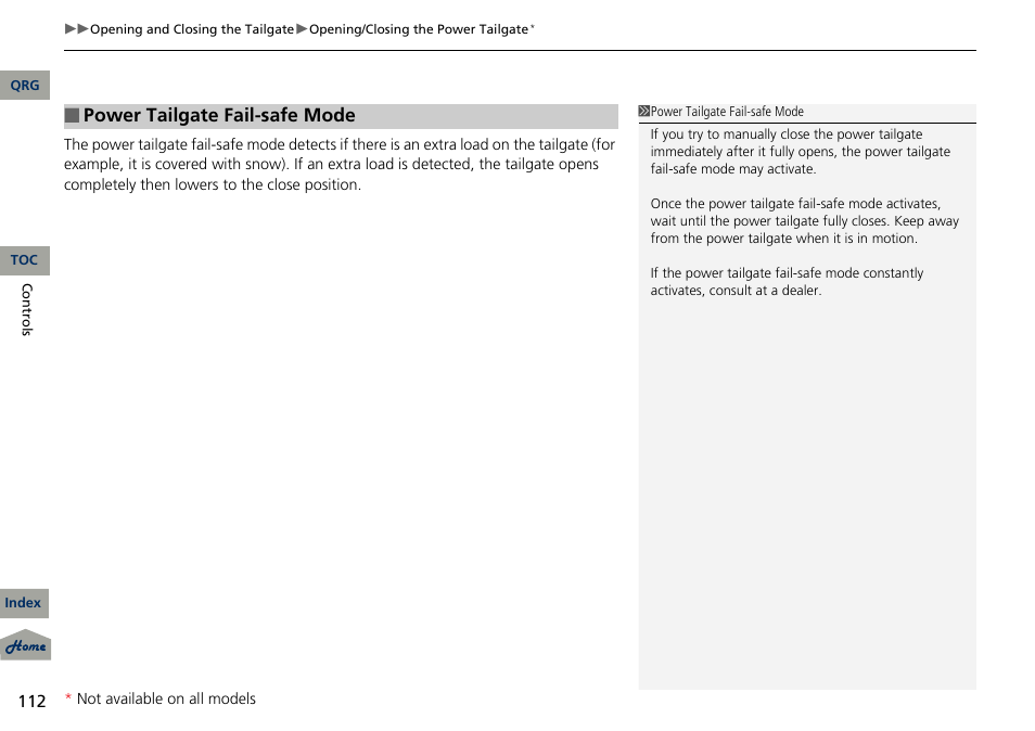 Power tailgate fail-safe mode | Acura 2013 RDX User Manual | Page 113 / 363