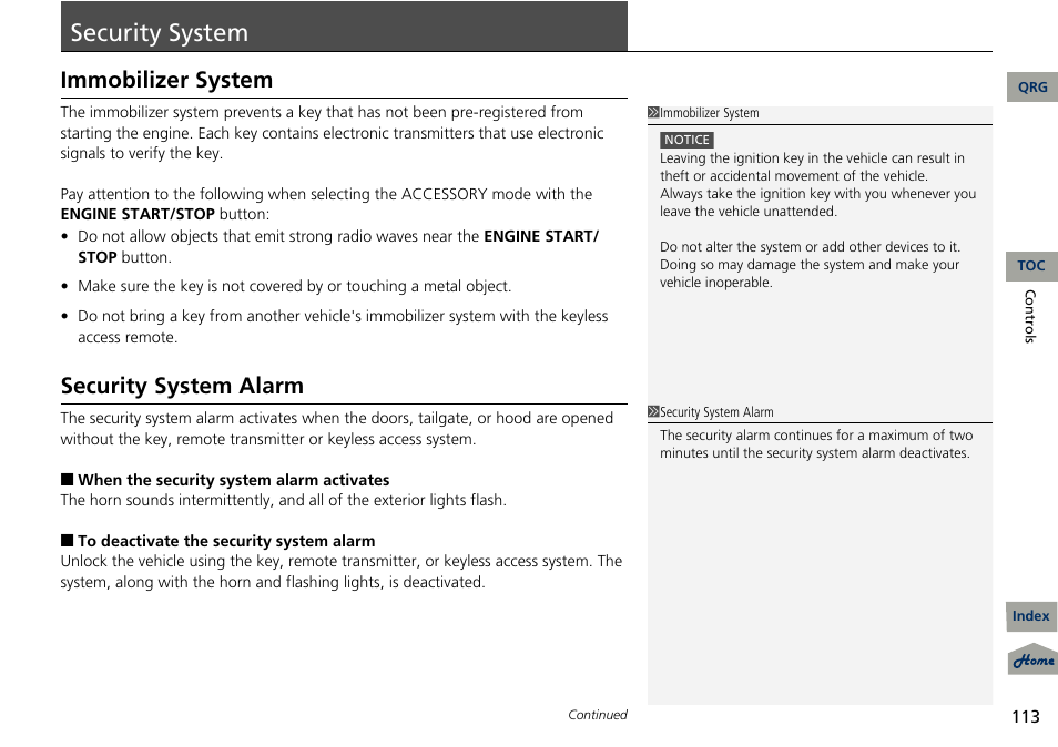 P. 113, Security system, Immobilizer system | Security system alarm | Acura 2013 RDX User Manual | Page 114 / 363