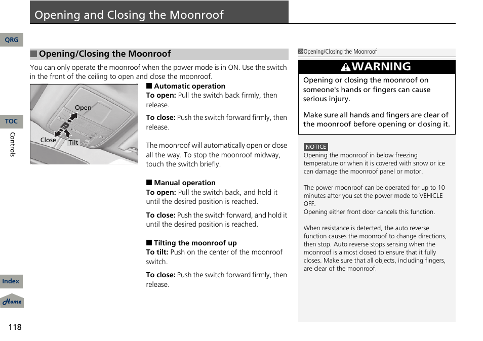 P. 118, P 118), Opening and closing the moonroof | Warning | Acura 2013 RDX User Manual | Page 119 / 363