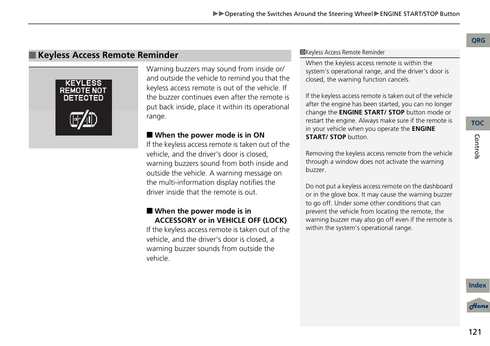 2 keyless access remote reminder p. 121, Keyless access remote reminder | Acura 2013 RDX User Manual | Page 122 / 363