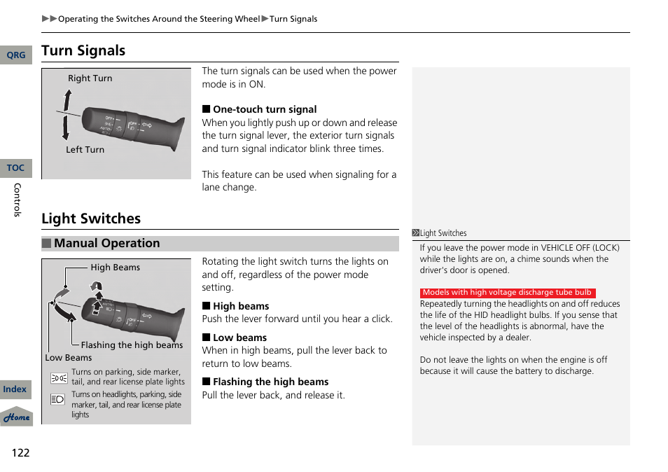 P 122), Lights, Turn signals | Light switches, Manual operation | Acura 2013 RDX User Manual | Page 123 / 363
