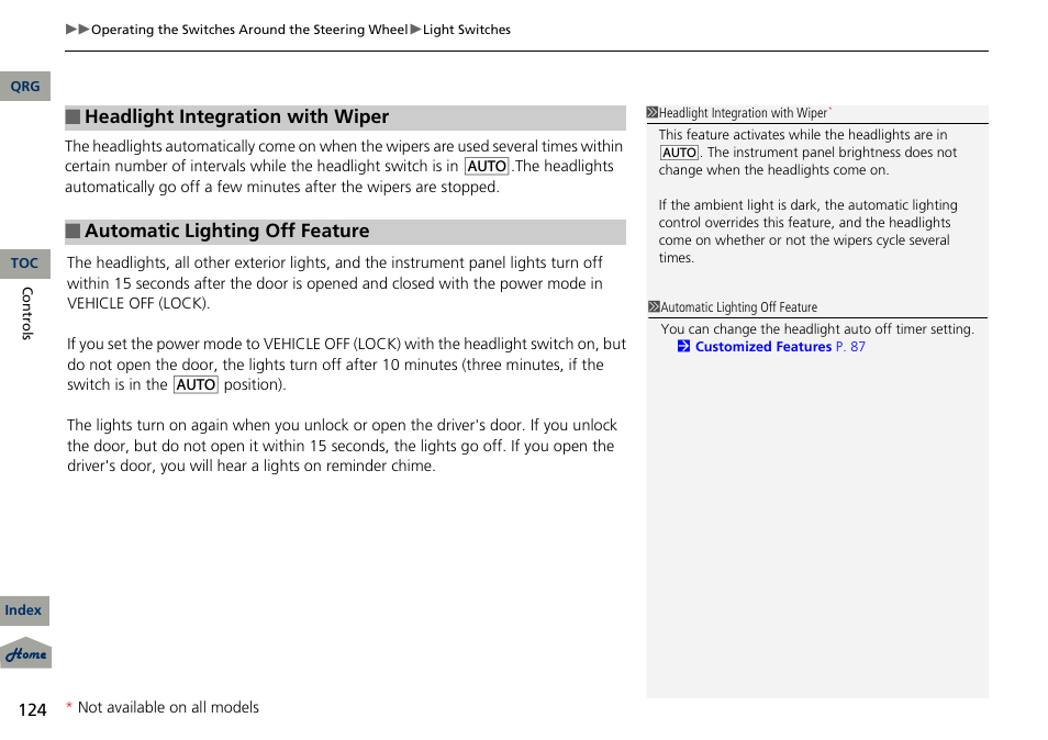 Headlight integration with wiper, Automatic lighting off feature | Acura 2013 RDX User Manual | Page 125 / 363
