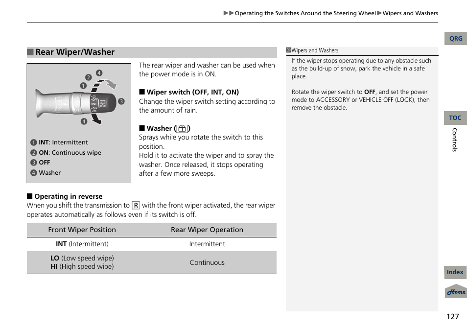 Rear wiper/washer | Acura 2013 RDX User Manual | Page 128 / 363