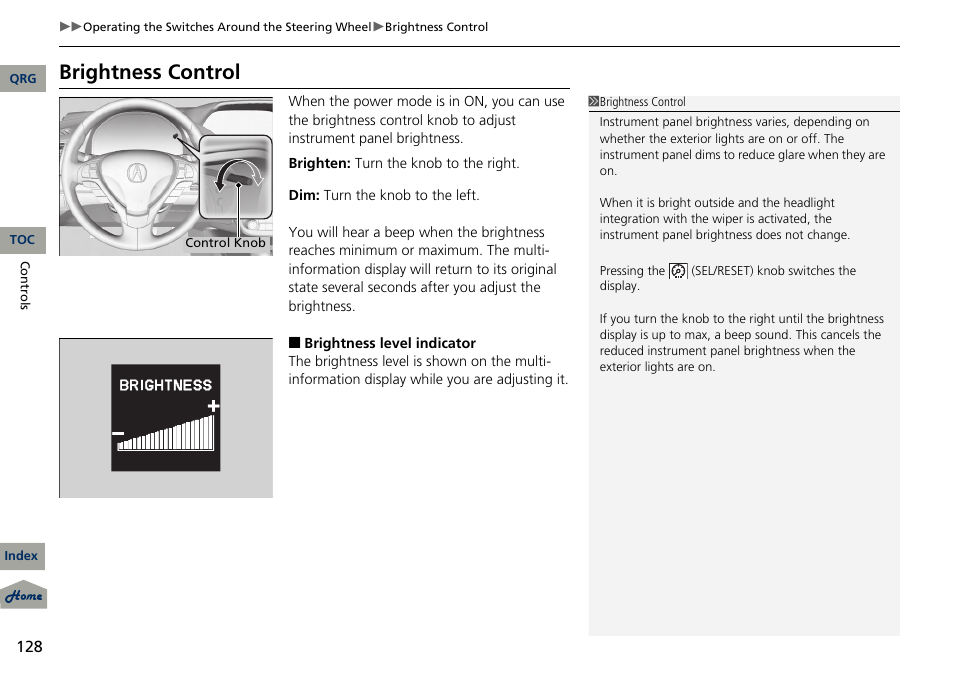 Knob, P 128), Brightness control | Acura 2013 RDX User Manual | Page 129 / 363