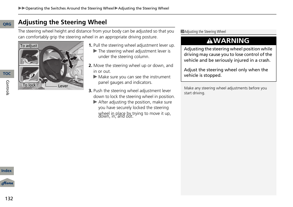 P 132), P 132, Warning | Adjusting the steering wheel | Acura 2013 RDX User Manual | Page 133 / 363