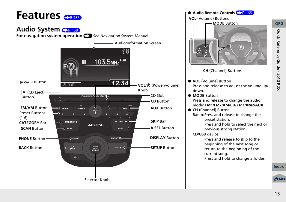 Features (p 157), Features, Audio system | Acura 2013 RDX User Manual | Page 14 / 363