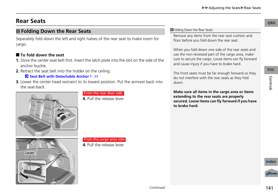 Rear seats, Folding down the rear seats | Acura 2013 RDX User Manual | Page 142 / 363