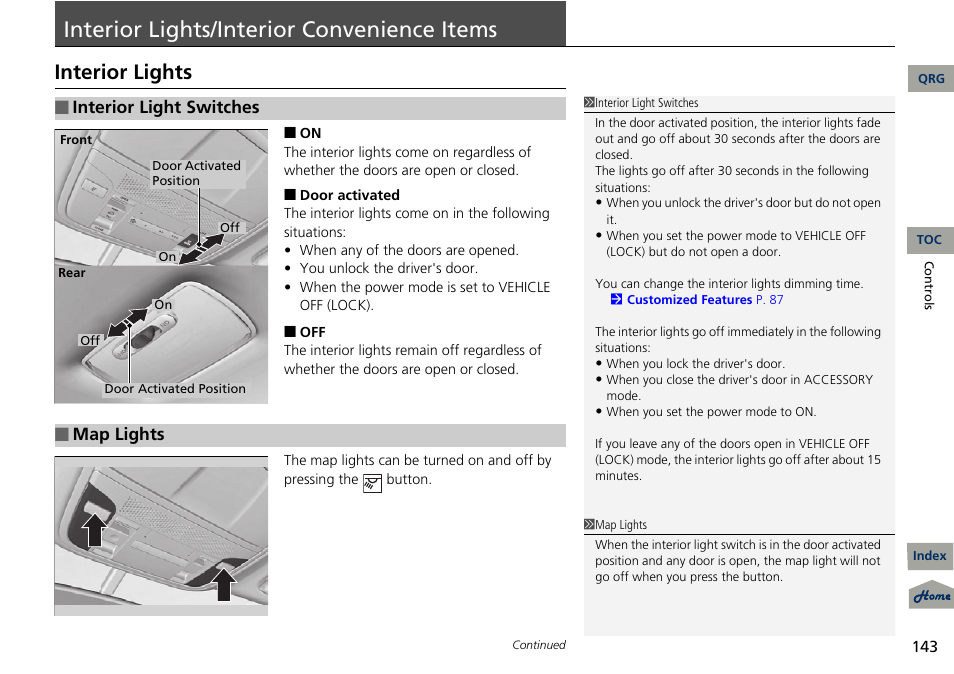 P. 143, P 143), Interior lights/interior convenience items | Interior lights, Interior light switches, Map lights | Acura 2013 RDX User Manual | Page 144 / 363