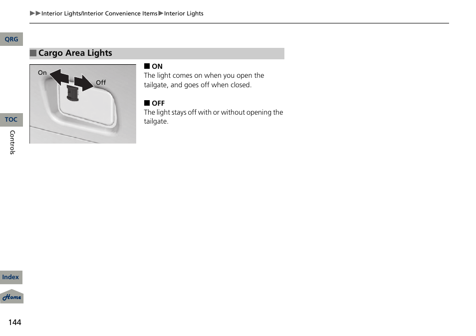 P 144), Cargo area lights | Acura 2013 RDX User Manual | Page 145 / 363